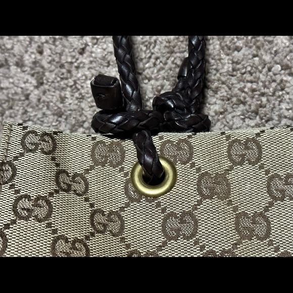 Gucci Tote GG Biege Tan Leather Brown Shoulder Bag Braided Handle - Picture 10 of 16